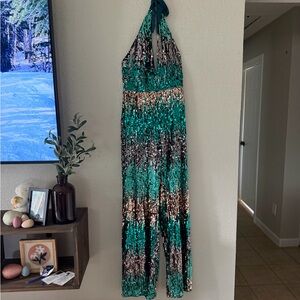 Fashion Nova Teal Sequin Halter Jumpsuit with Black Accents
